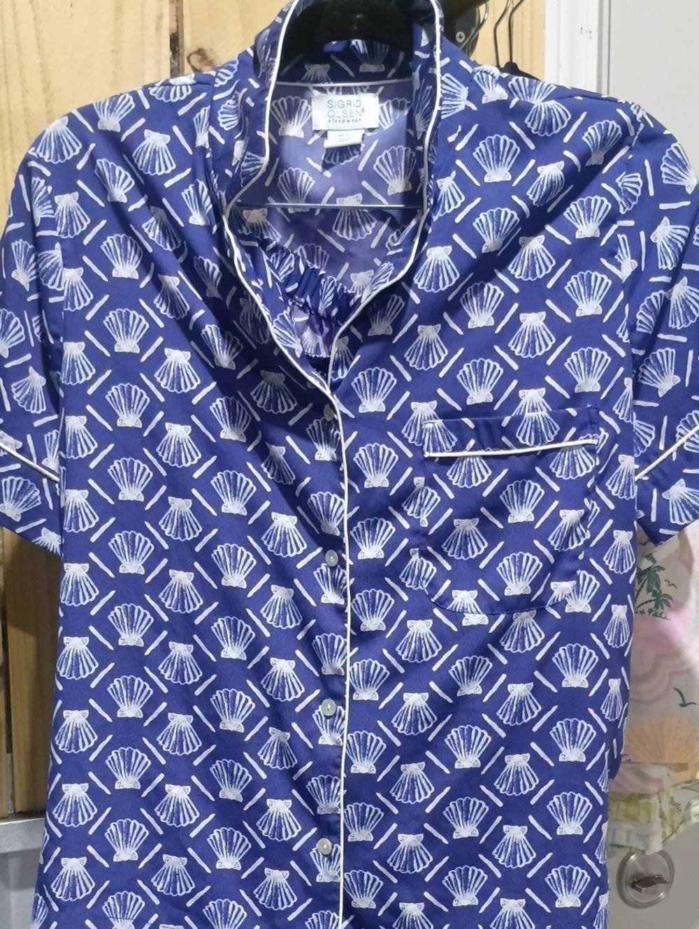 Sigrid Olsen Sleepwear Navy Blue Shell-Print Short Sleeve Button-Down Shirt